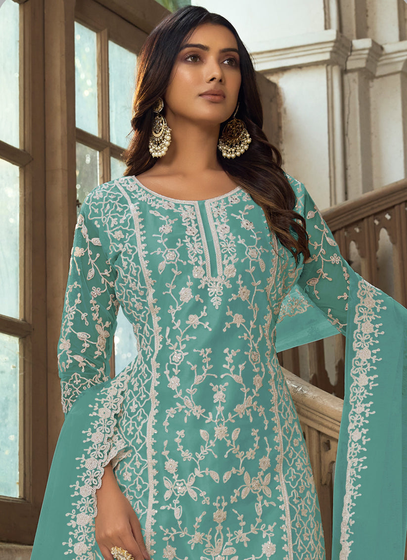 Sea Blue Heavy Butterfly Net Palazzo Suit