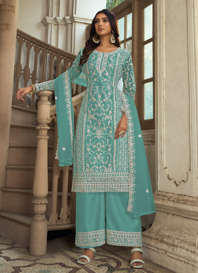 Sea Blue Heavy Butterfly Net Palazzo Suit