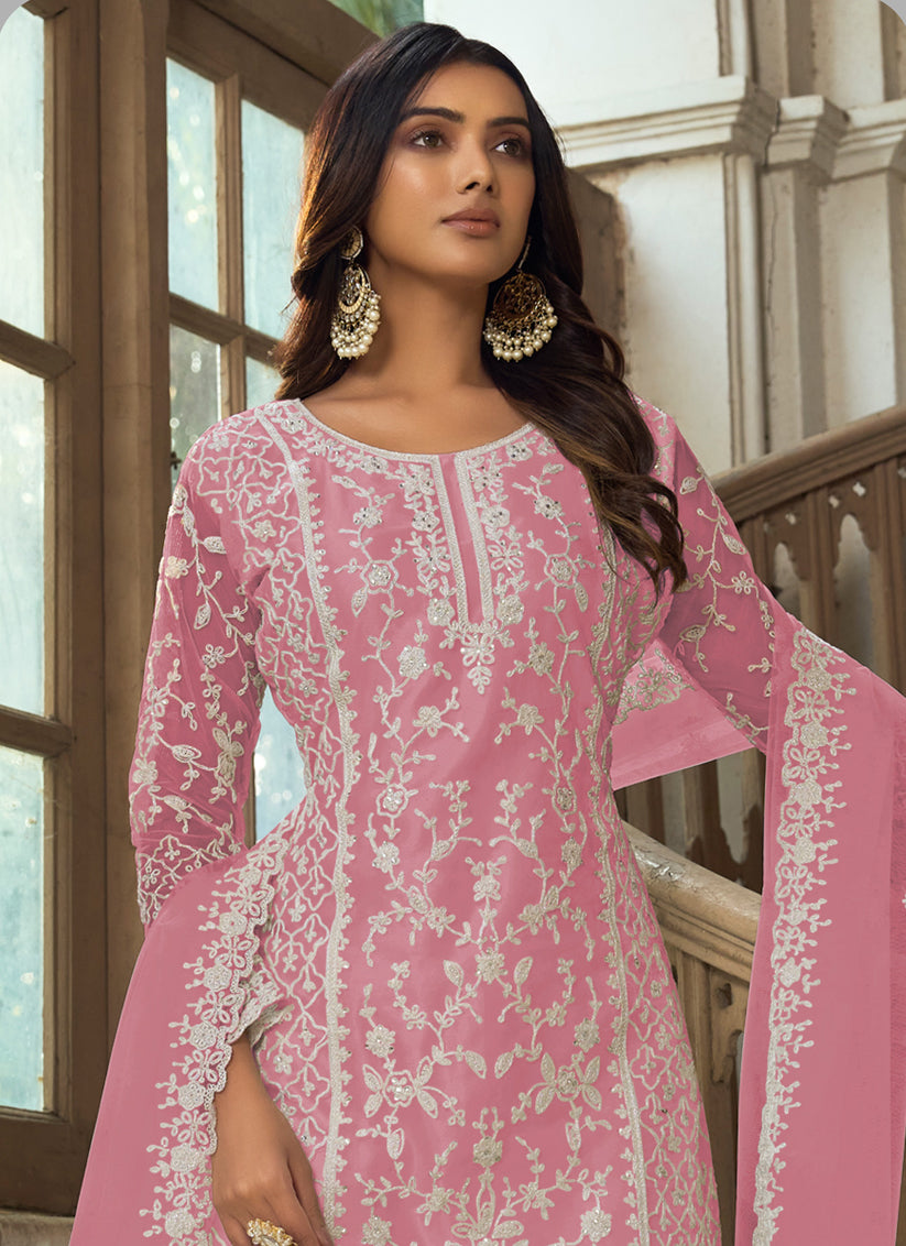 Pink Heavy Butterfly Net Palazzo Suit