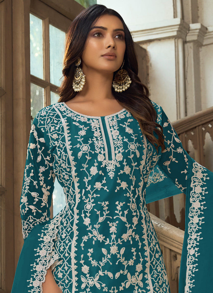 Teal Blue Heavy Butterfly Net Palazzo Suit