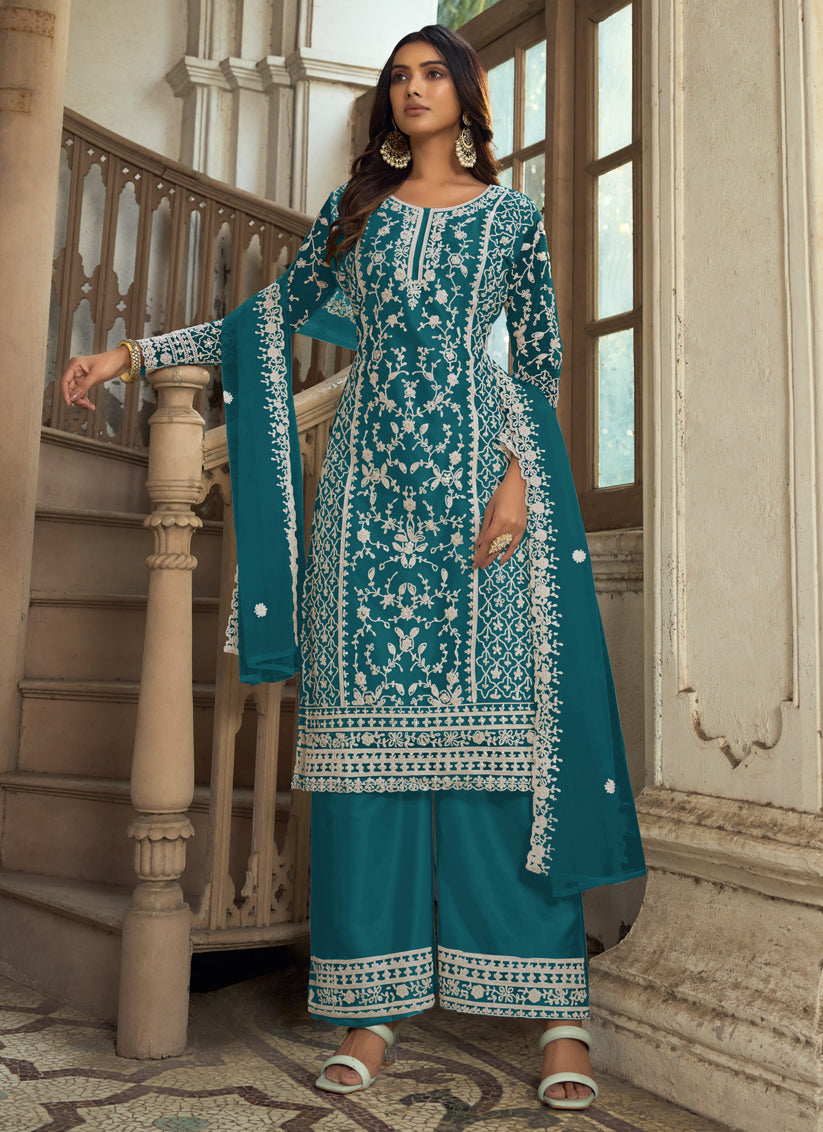 Teal Blue Heavy Butterfly Net Palazzo Suit