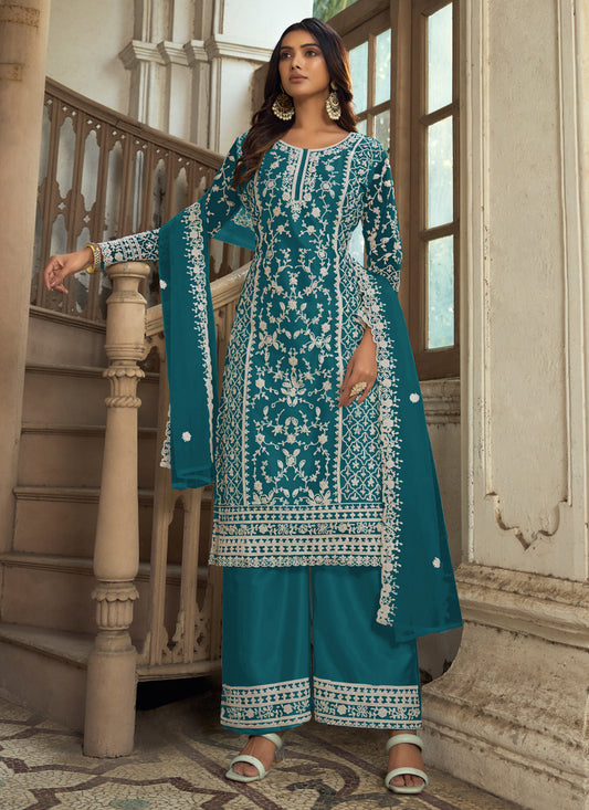 Teal Blue Heavy Butterfly Net Palazzo Suit