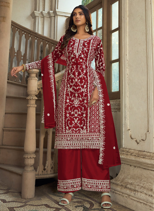 Maroon Heavy Butterfly Net Palazzo Suit