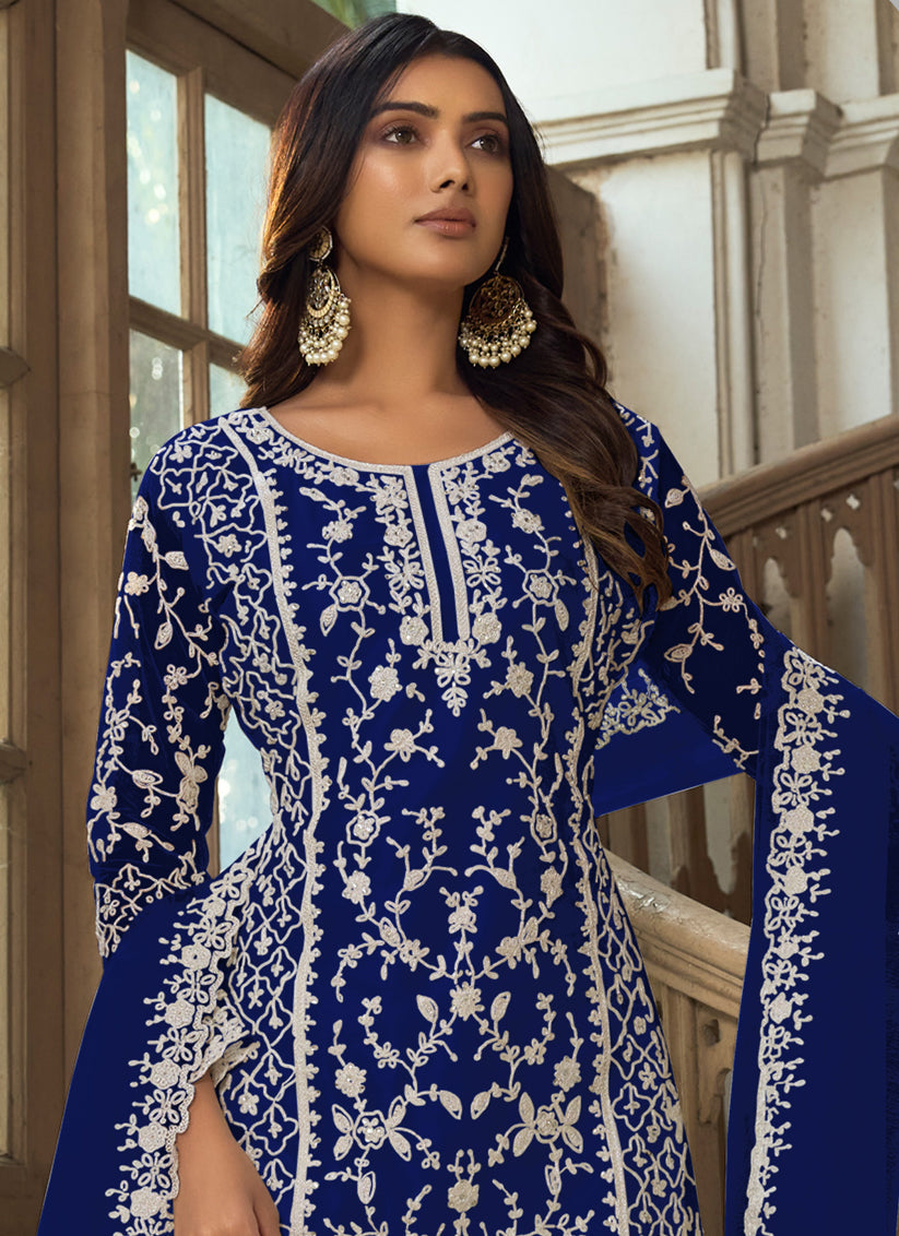 Royal Blue Heavy Butterfly Net Palazzo Suit