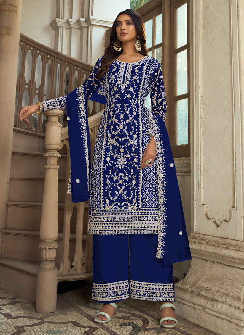 Royal Blue Heavy Butterfly Net Palazzo Suit