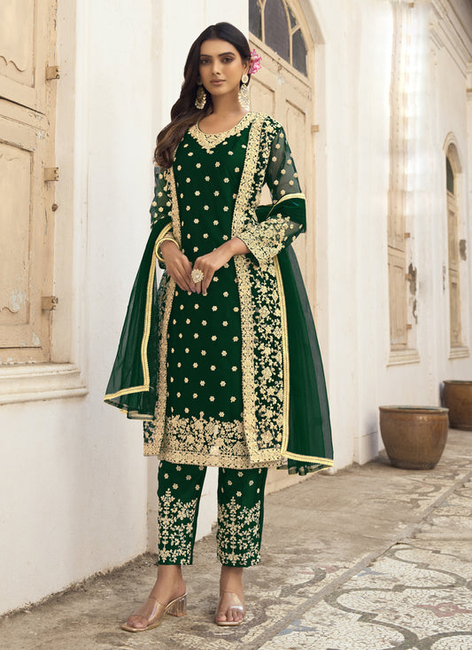 Forest Green Net Embroidered Pant Kameez