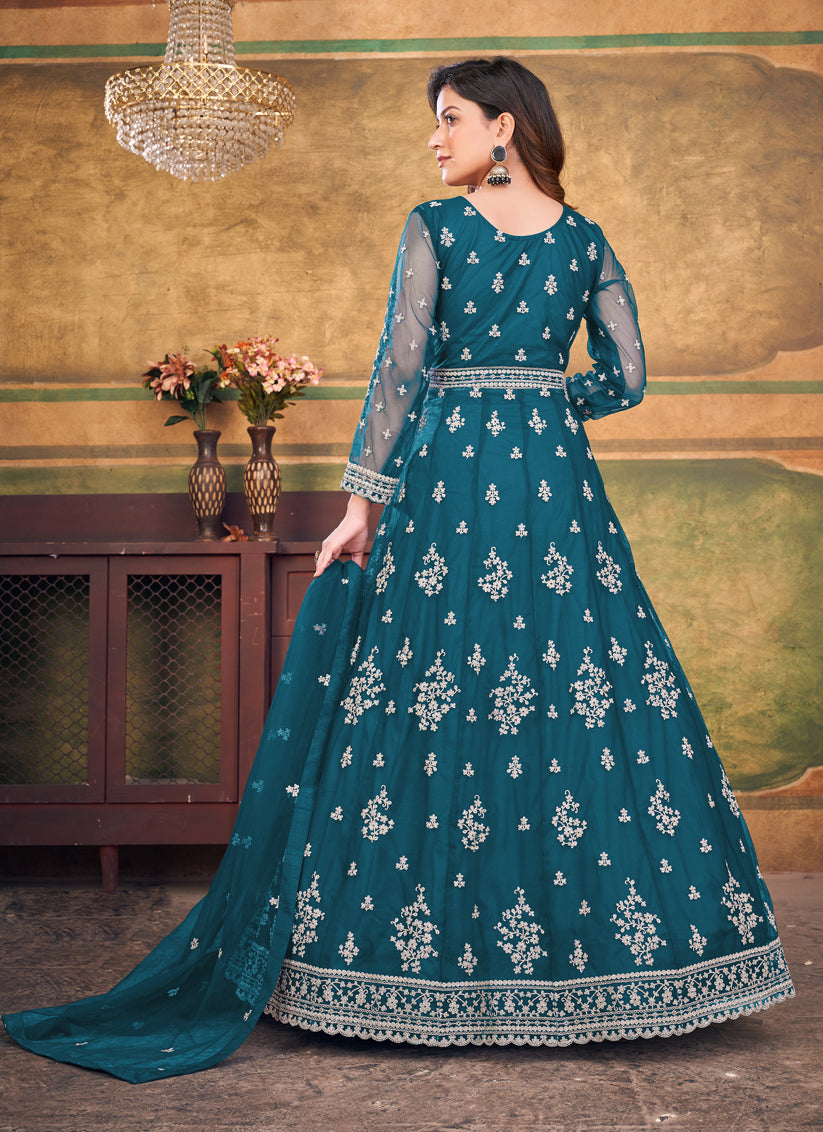 Peacock Blue Net Embroidered Anarkali Dress