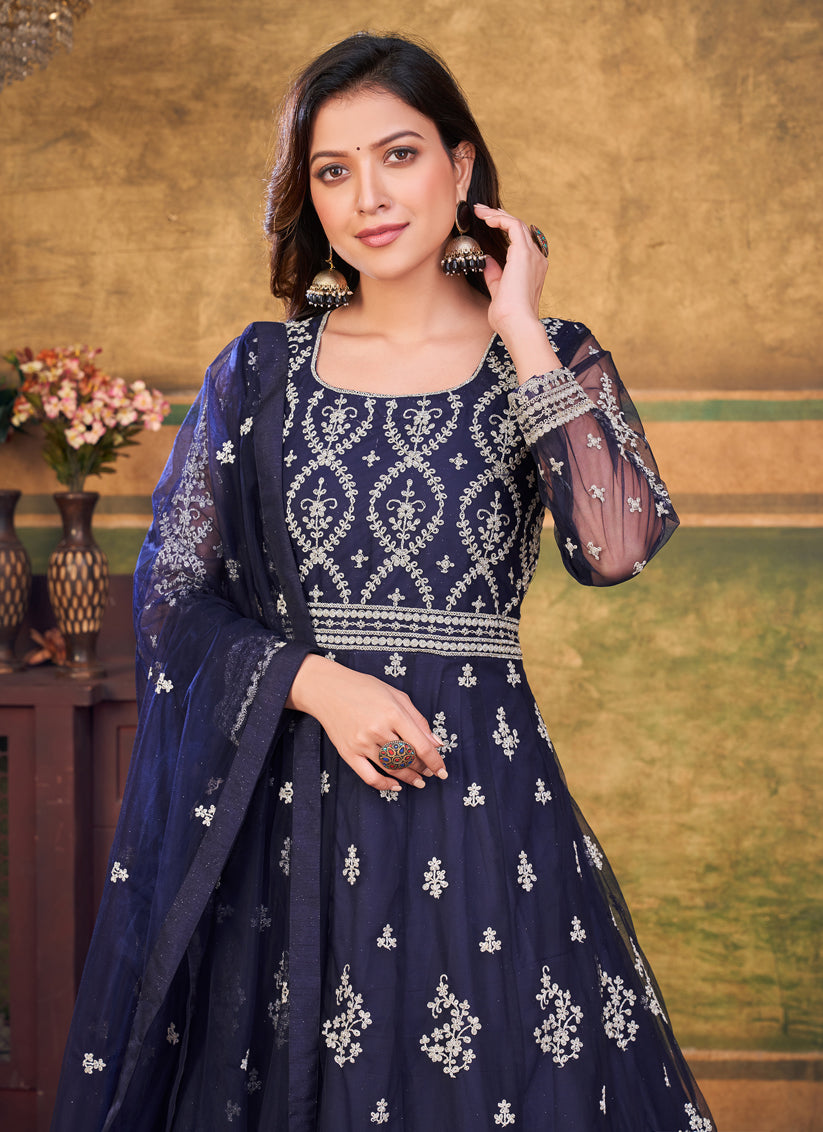 Midnight Blue Net Embroidered Anarkali Dress