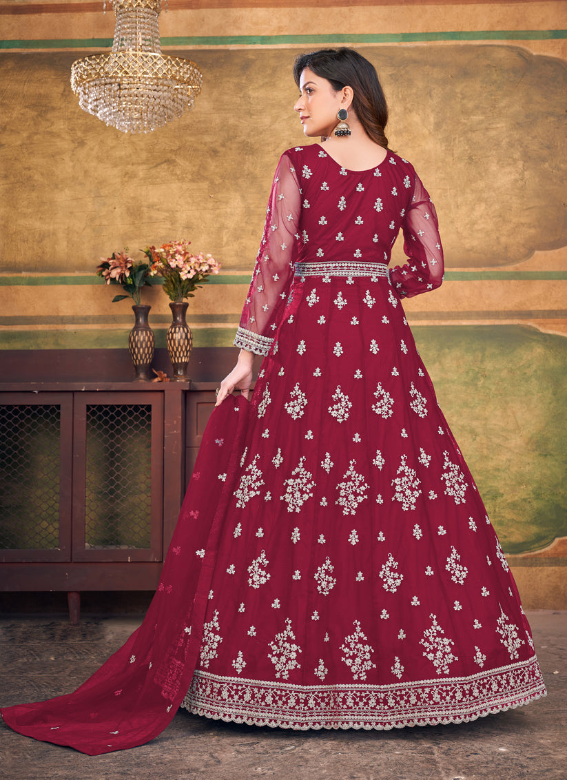 Maroon Net Embroidered Anarkali Dress