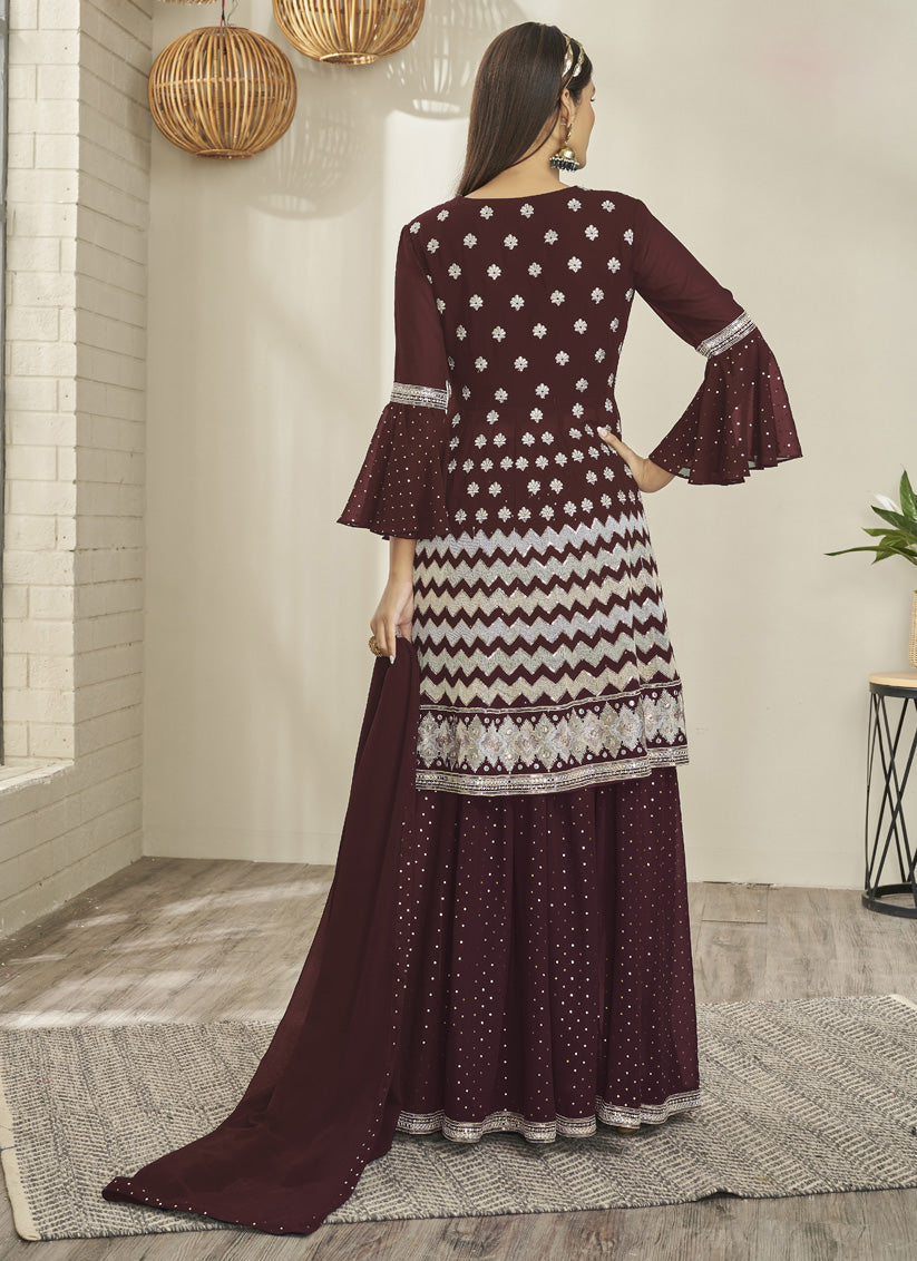 Burgundy Georgette Embroidered Designer Lehenga Kameez