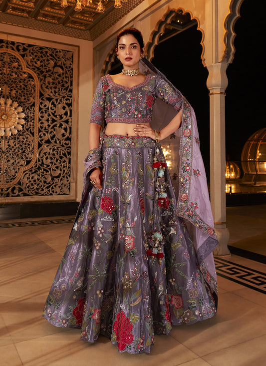 Dusty Mauve Pure Viscose Satin Embroidered Bridal Lehenga Choli