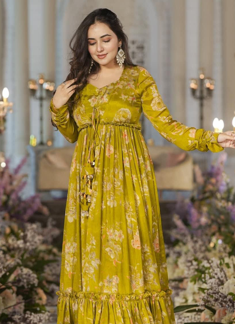 Olive Green Chinnon Printed Plus Size IndoWestern