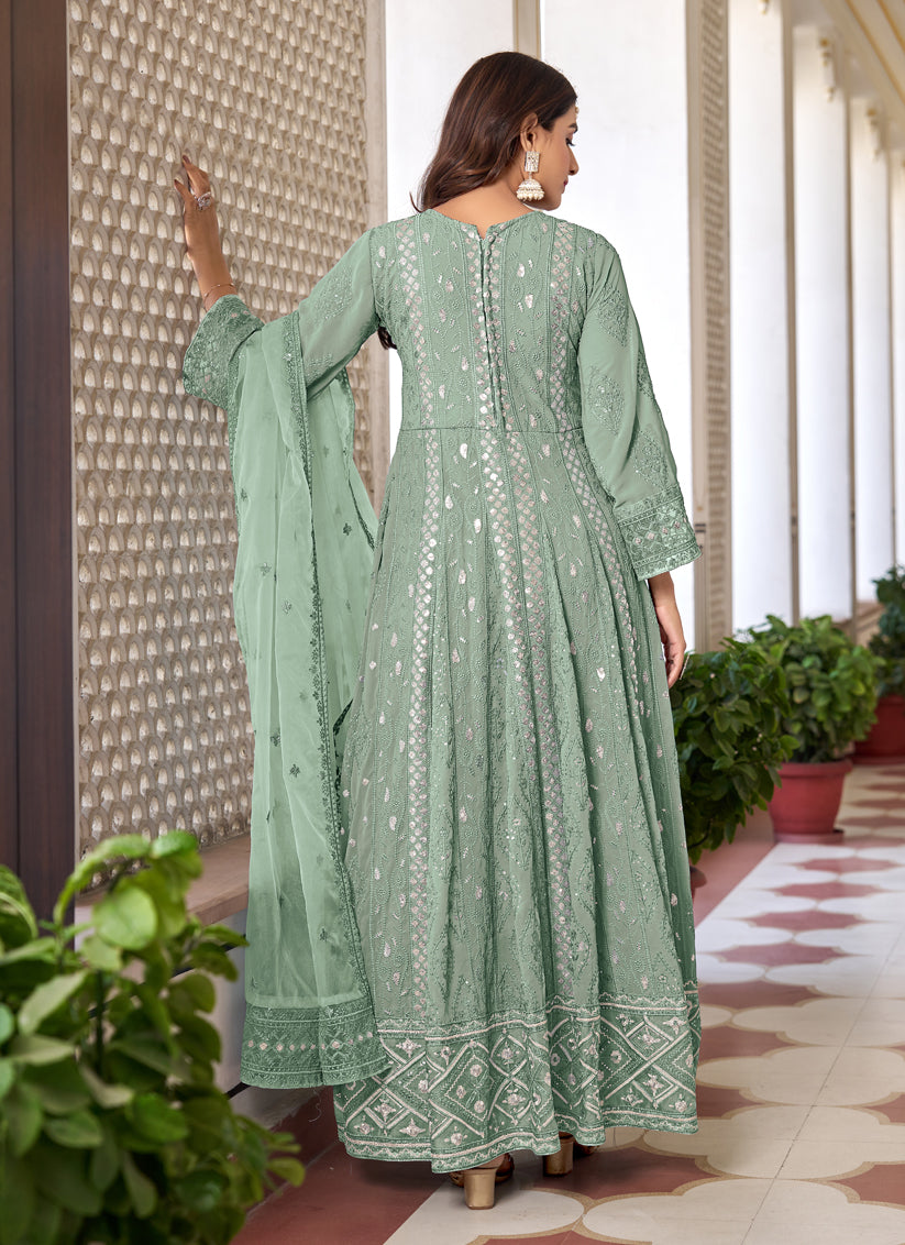 Mint Green Faux Georgette Embroidered Pant Kameez