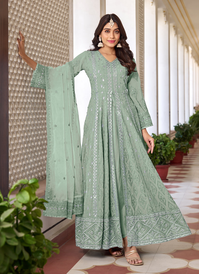 Mint Green Faux Georgette Embroidered Pant Kameez