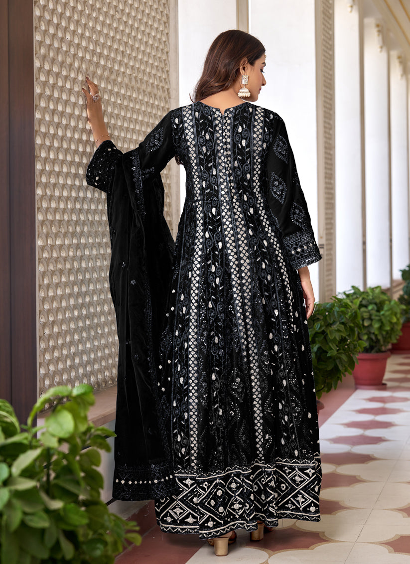 Black Faux Georgette Embroidered Pant Kameez