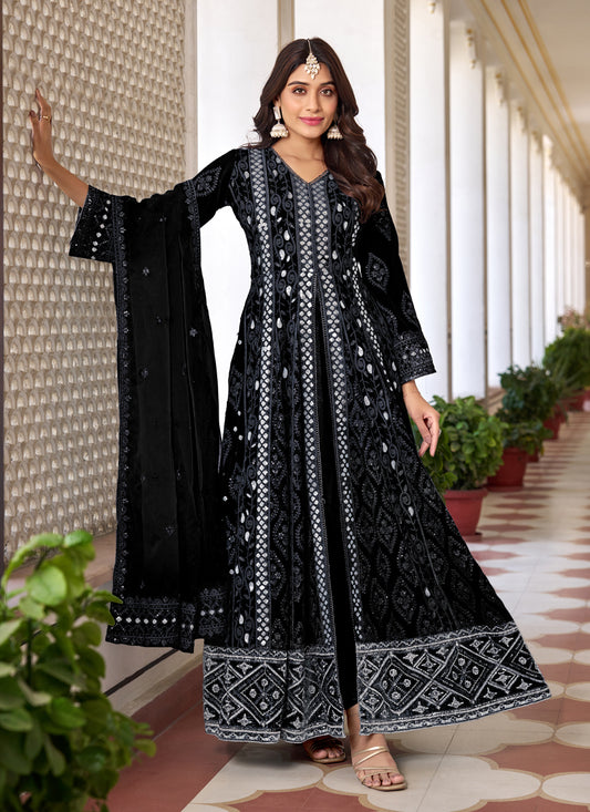 Black Faux Georgette Embroidered Pant Kameez