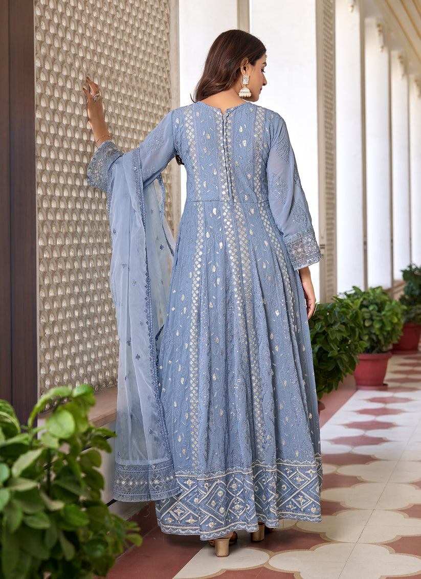 Periwinkle Faux Georgette Embroidered Pant Kameez