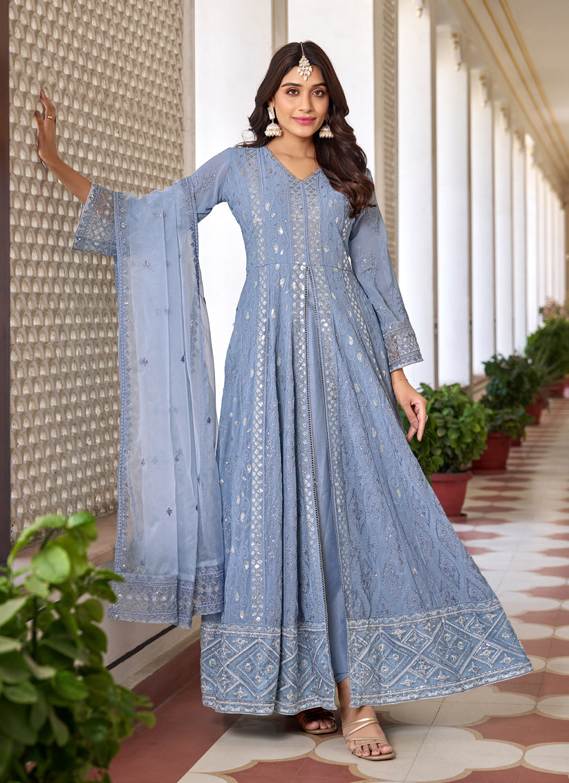 Periwinkle Faux Georgette Embroidered Pant Kameez