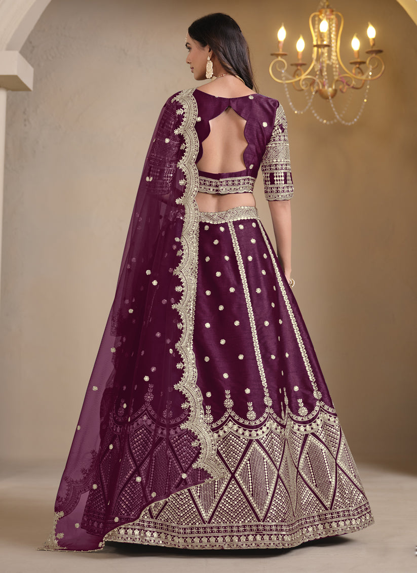 Wine Art Silk Embroidered Lehenga Choli