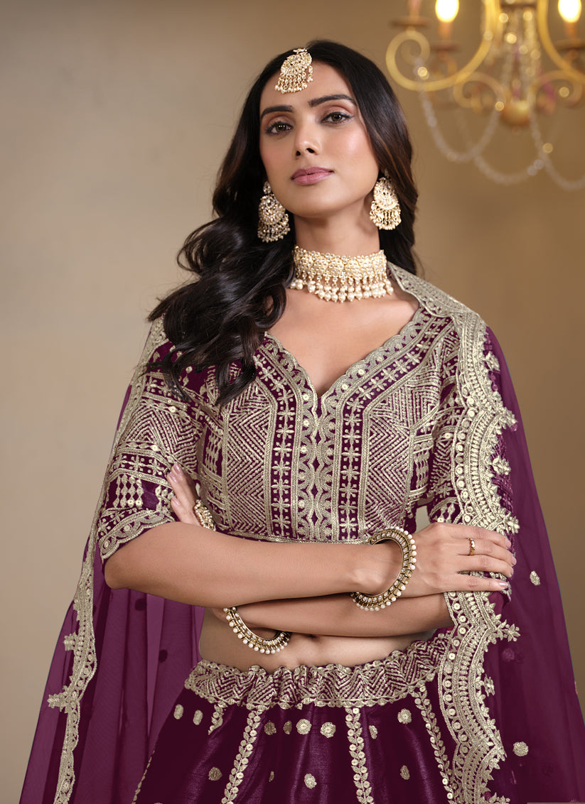 Wine Art Silk Embroidered Lehenga Choli