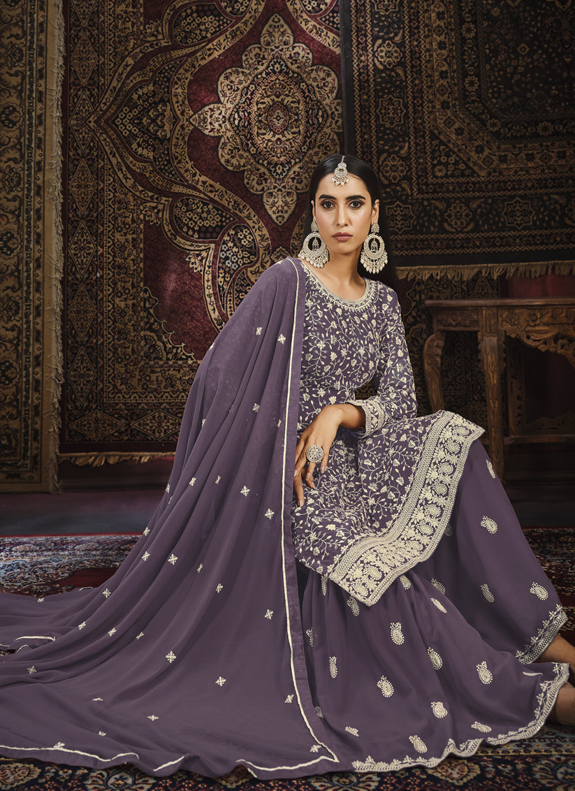 Lilac Embroidered Faux Georgette Sarara Kameez
