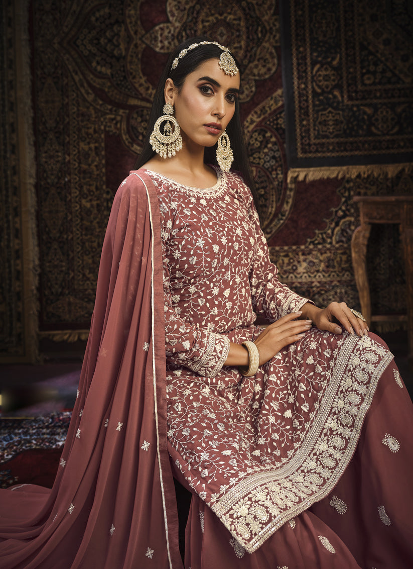 Taupe Red Embroidered Faux Georgette Sarara Kameez