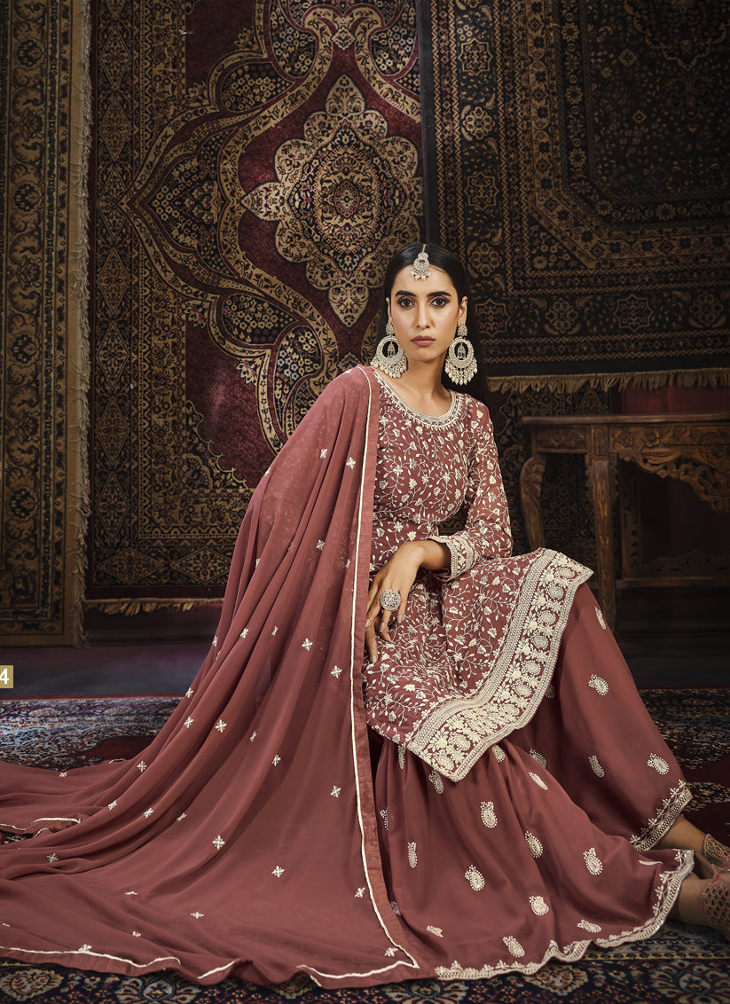 Taupe Red Embroidered Faux Georgette Sarara Kameez