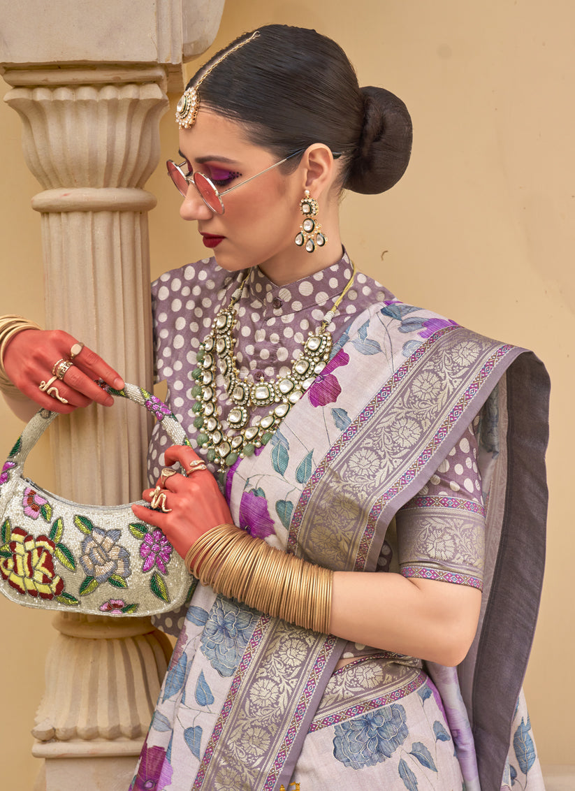 Off White Silk Floral Printed Saree for Festival