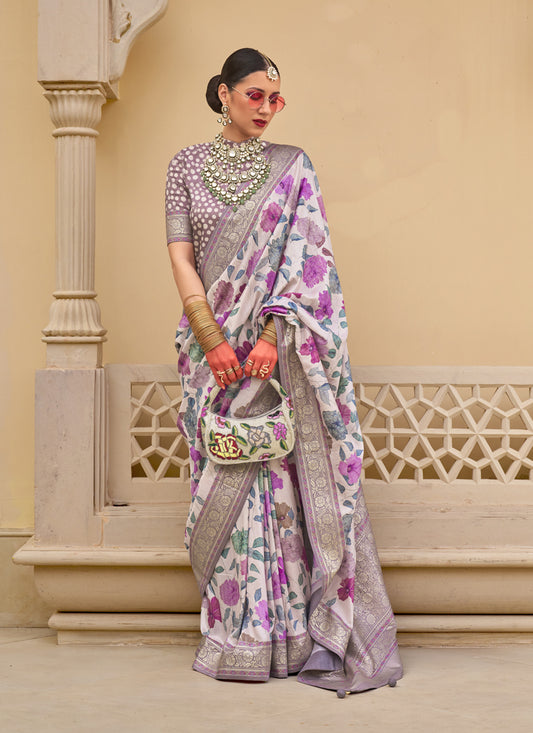 Off White Silk Floral Printed Saree for Festival