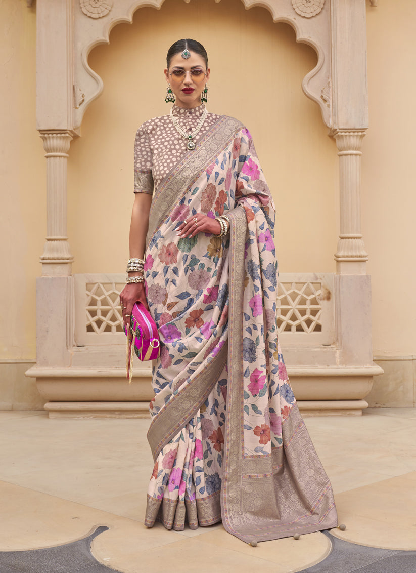 Peach Silk Floral Printed Saree for Festival