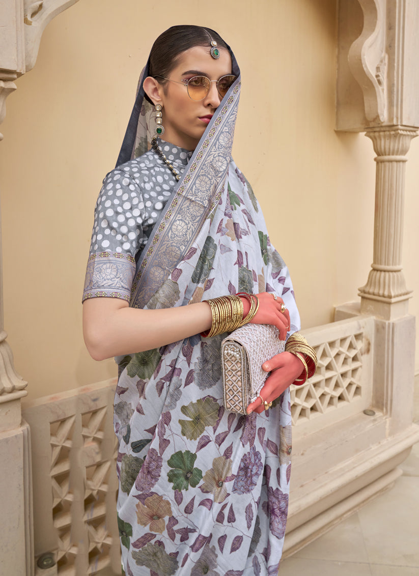 Grey Silk Floral Printed Saree for Festival