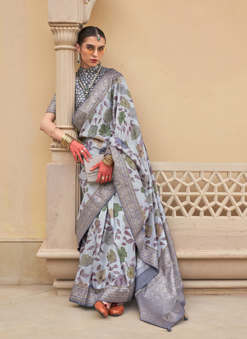 Grey Silk Floral Printed Saree for Festival