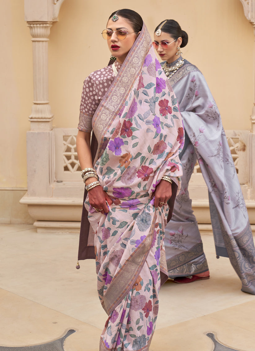 Blush Pink Silk Floral Printed Saree for Festival