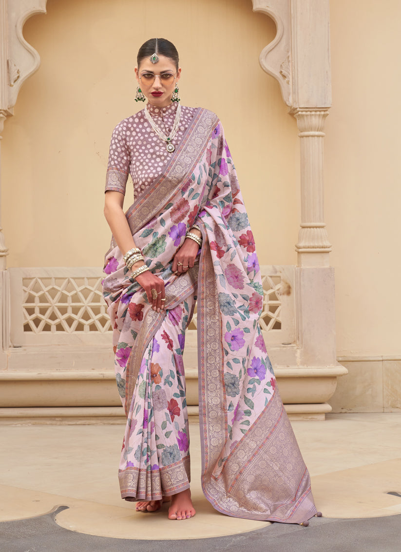 Blush Pink Silk Floral Printed Saree for Festival