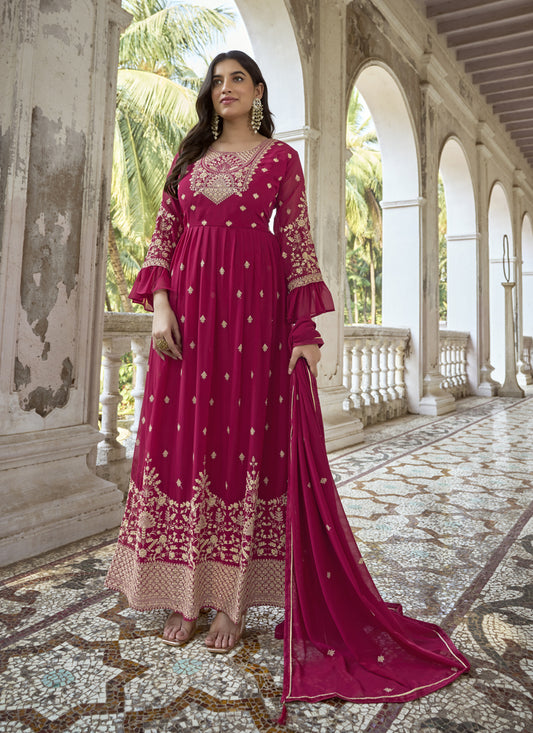 Fuchsia Heavy Faux Georgette Embroidered Churidar Kameez Suit