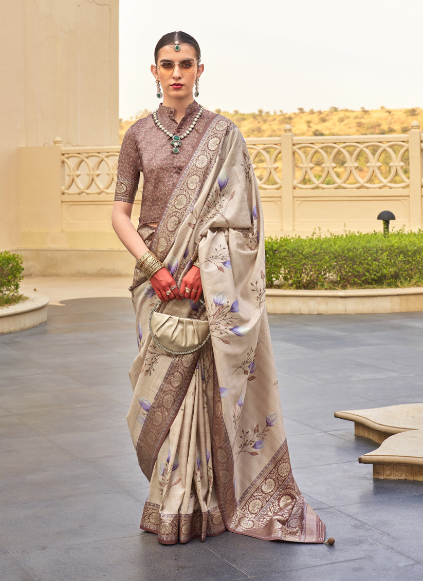 Beige Silk Floral Printed Saree for Festival