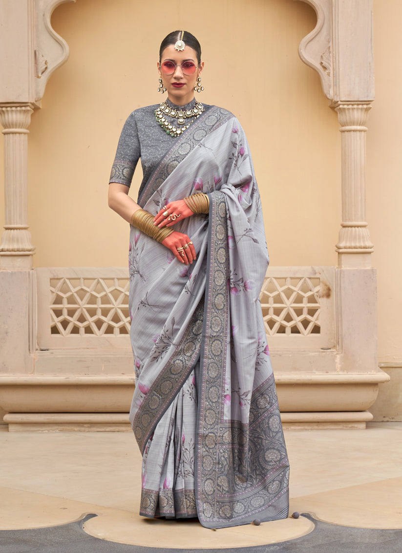 Grey Silk Floral Printed Saree for Festival