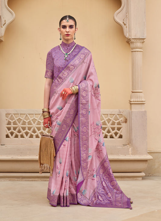 Rose Pink Silk Floral Printed Saree for Festival