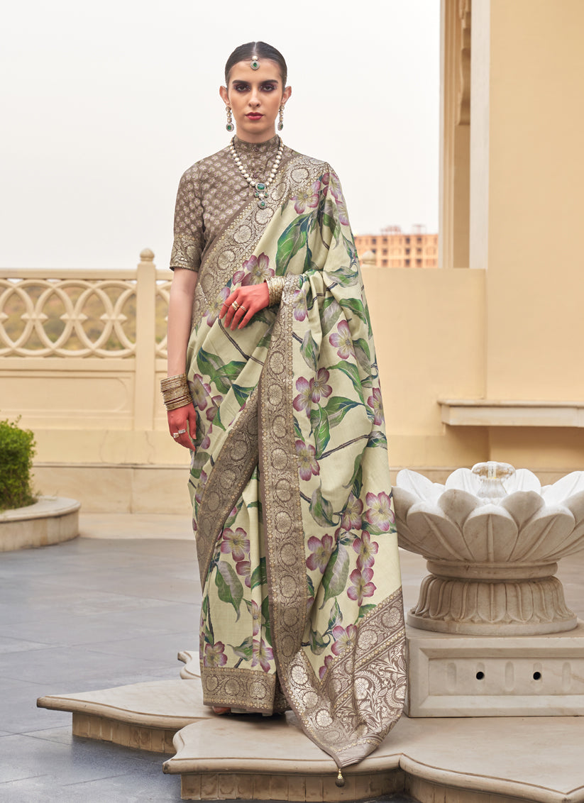 Cream Silk Floral Printed Saree for Festival