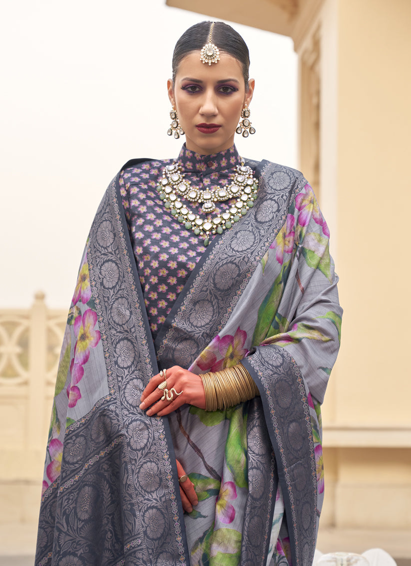 Ash Grey Silk Floral Printed Saree for Festival