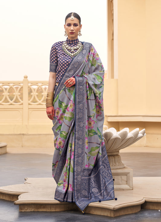 Ash Grey Silk Floral Printed Saree for Festival