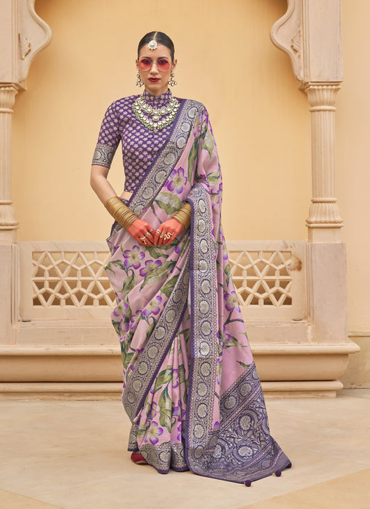 Pink Silk Floral Printed Saree for Festival