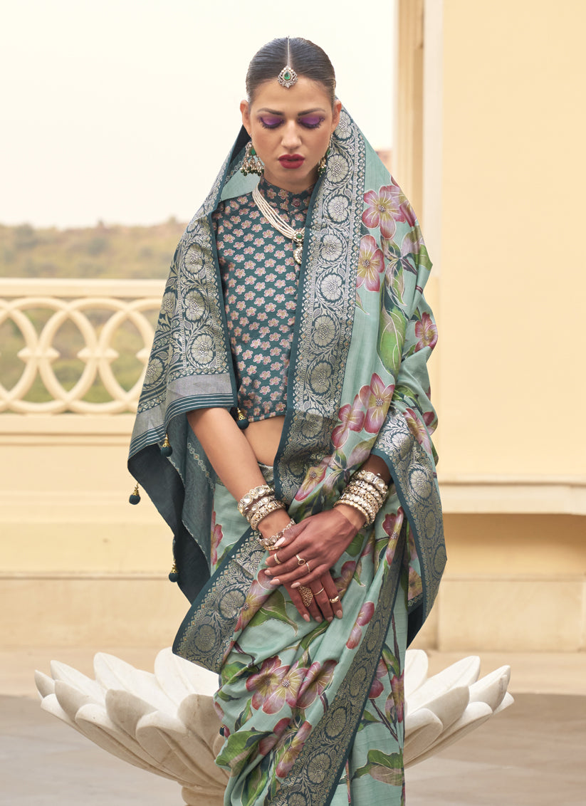 Sage Green Silk Floral Printed Saree for Festival