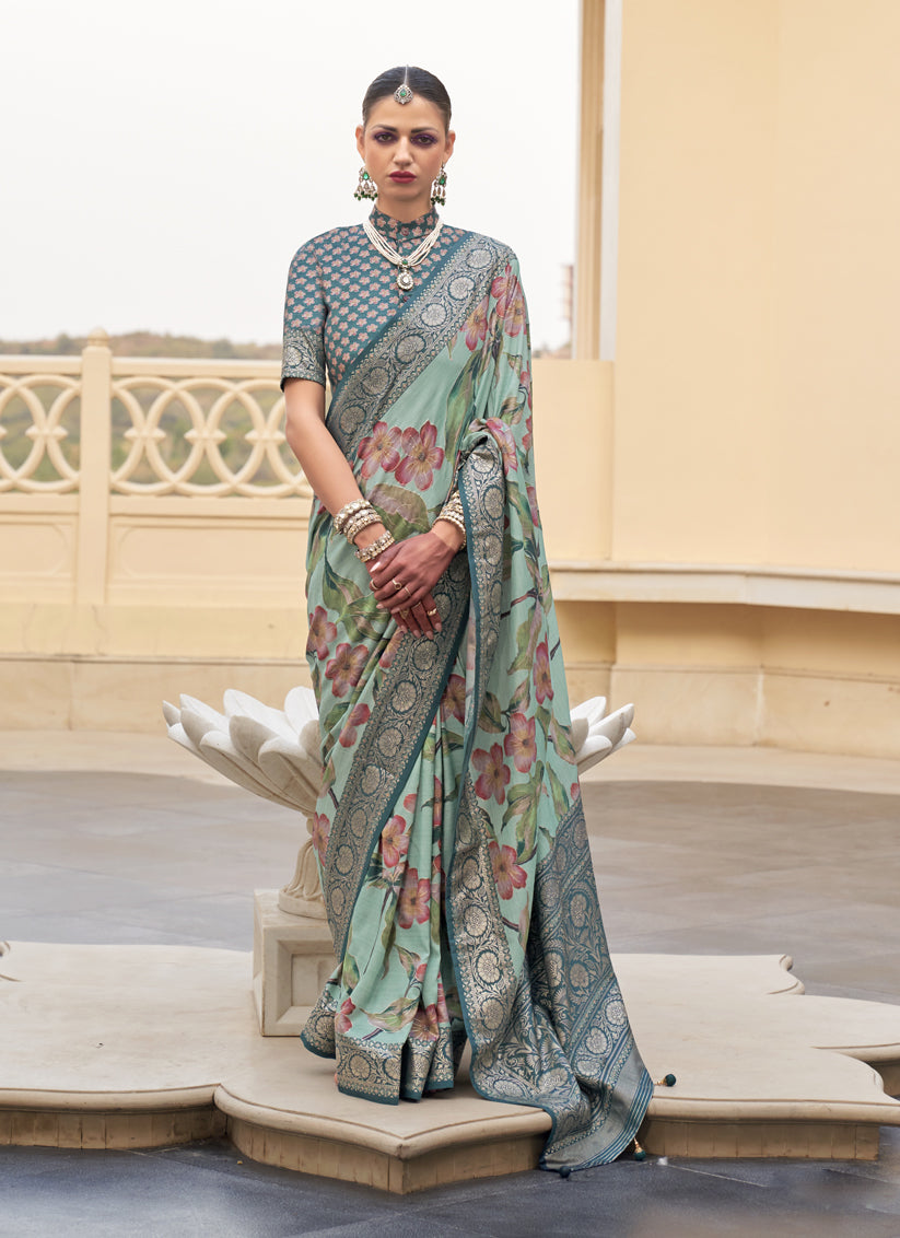 Sage Green Silk Floral Printed Saree for Festival