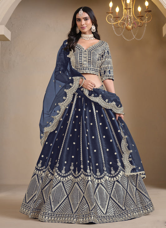Midnight Blue Art Silk Embroidered Lehenga Choli