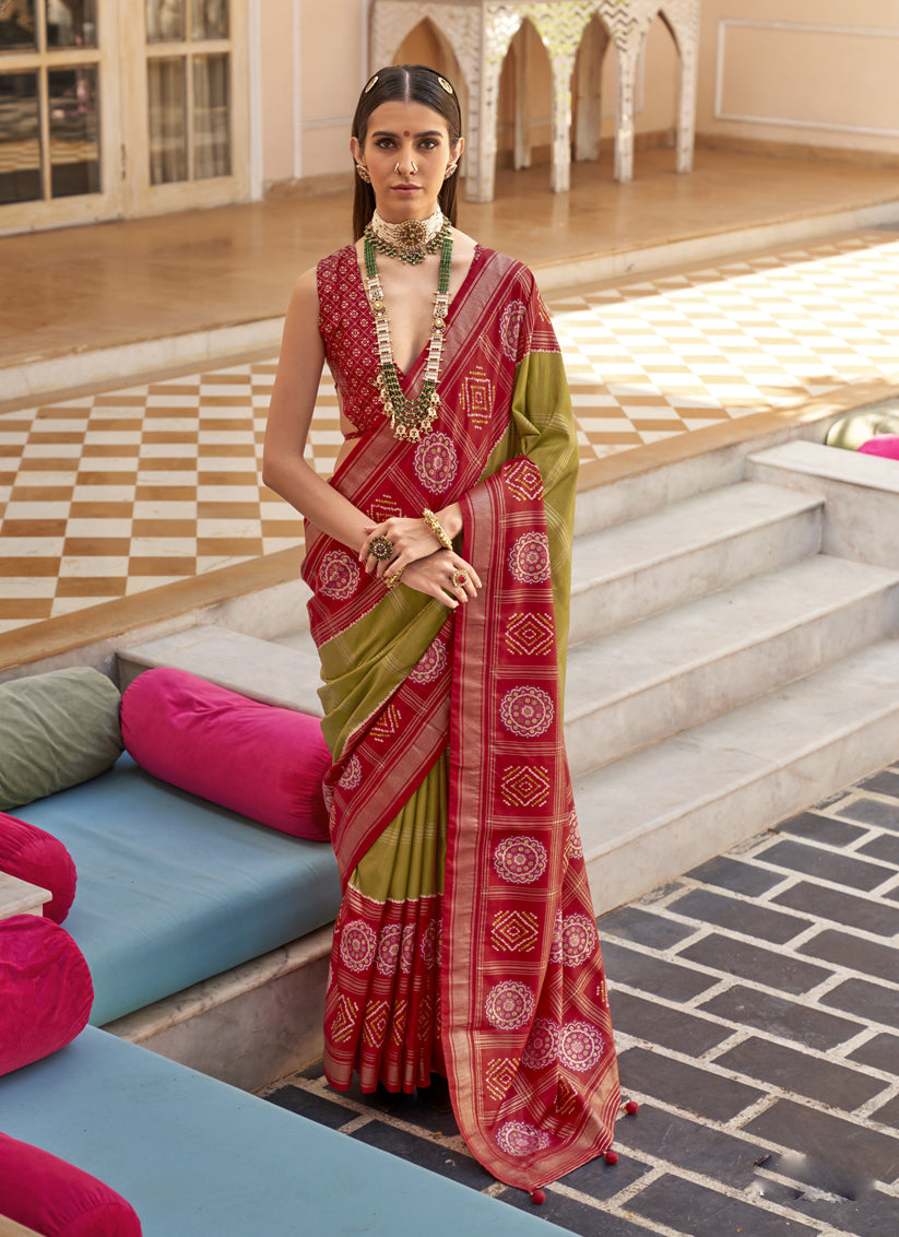 Olive Green Silk Patola Print Design Saree