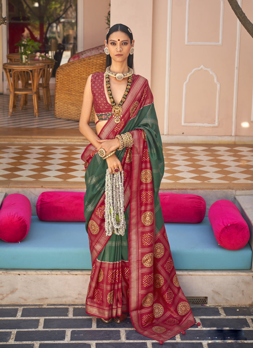 Pine Green Silk Patola Print Design Saree