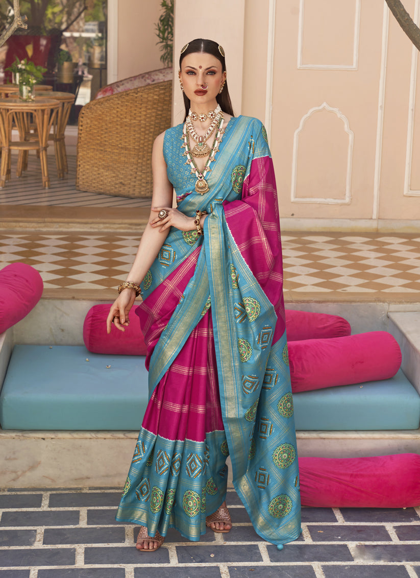 Raspberry Pink Silk Patola Print Design Saree