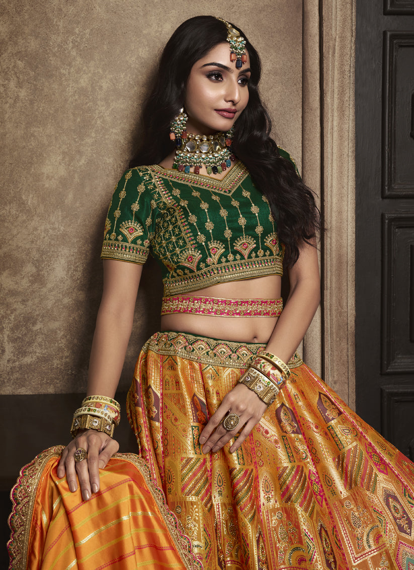 Golden Yellow and Rani Pink Banarasi Designer Bridal Lehenga Choli