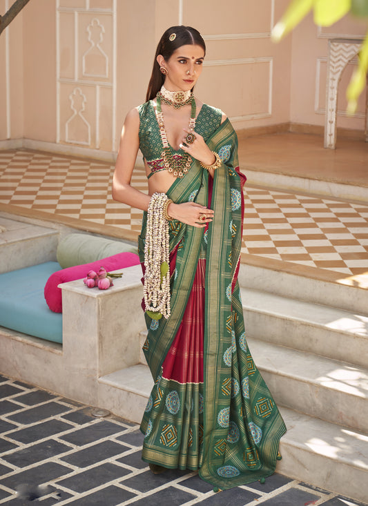 Cherry Red Silk Patola Print Design Saree